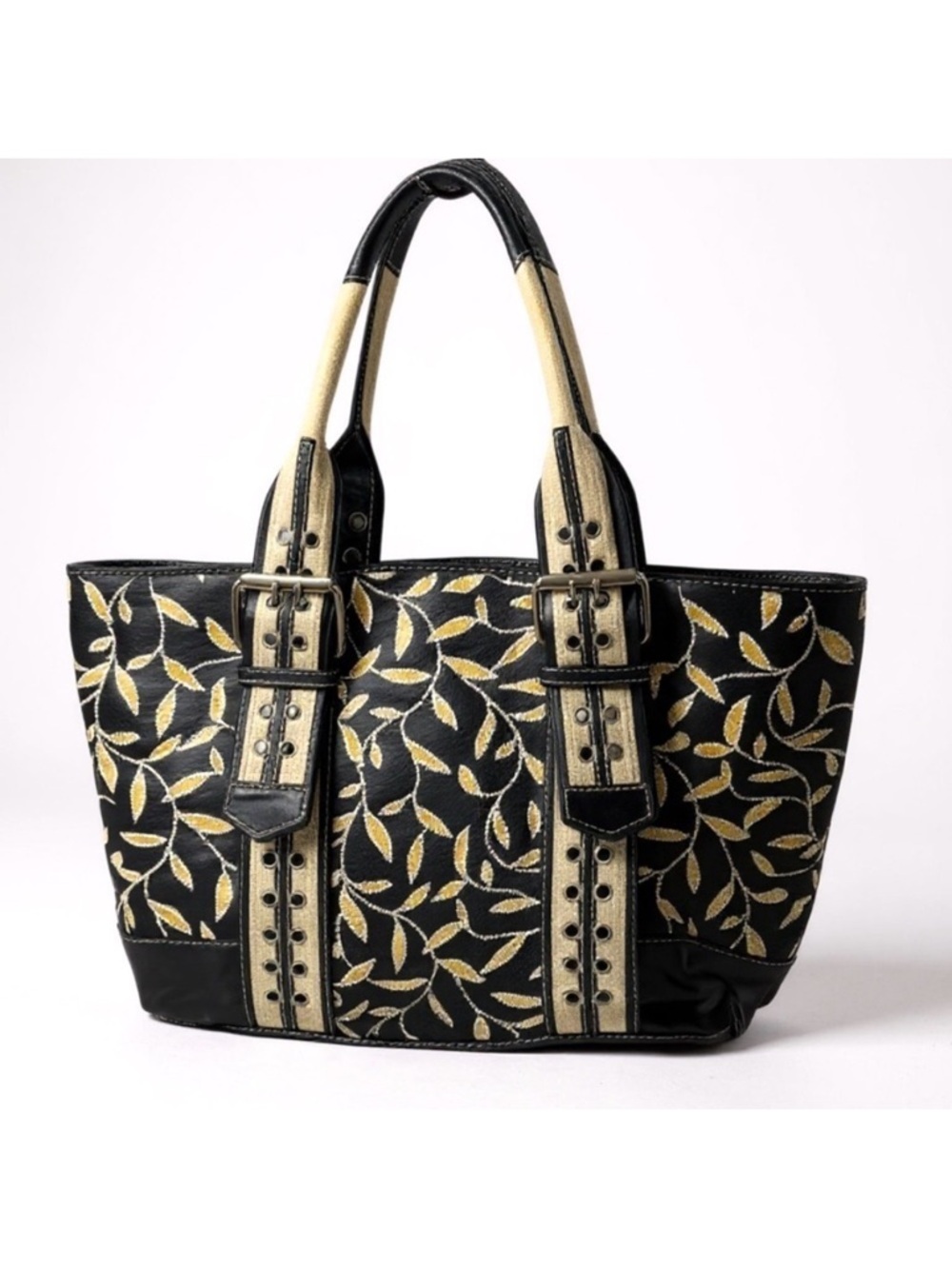 Isabella Fiore Boho Vintage Beaded Embroidered Canvas Leather Tote Purse Bag